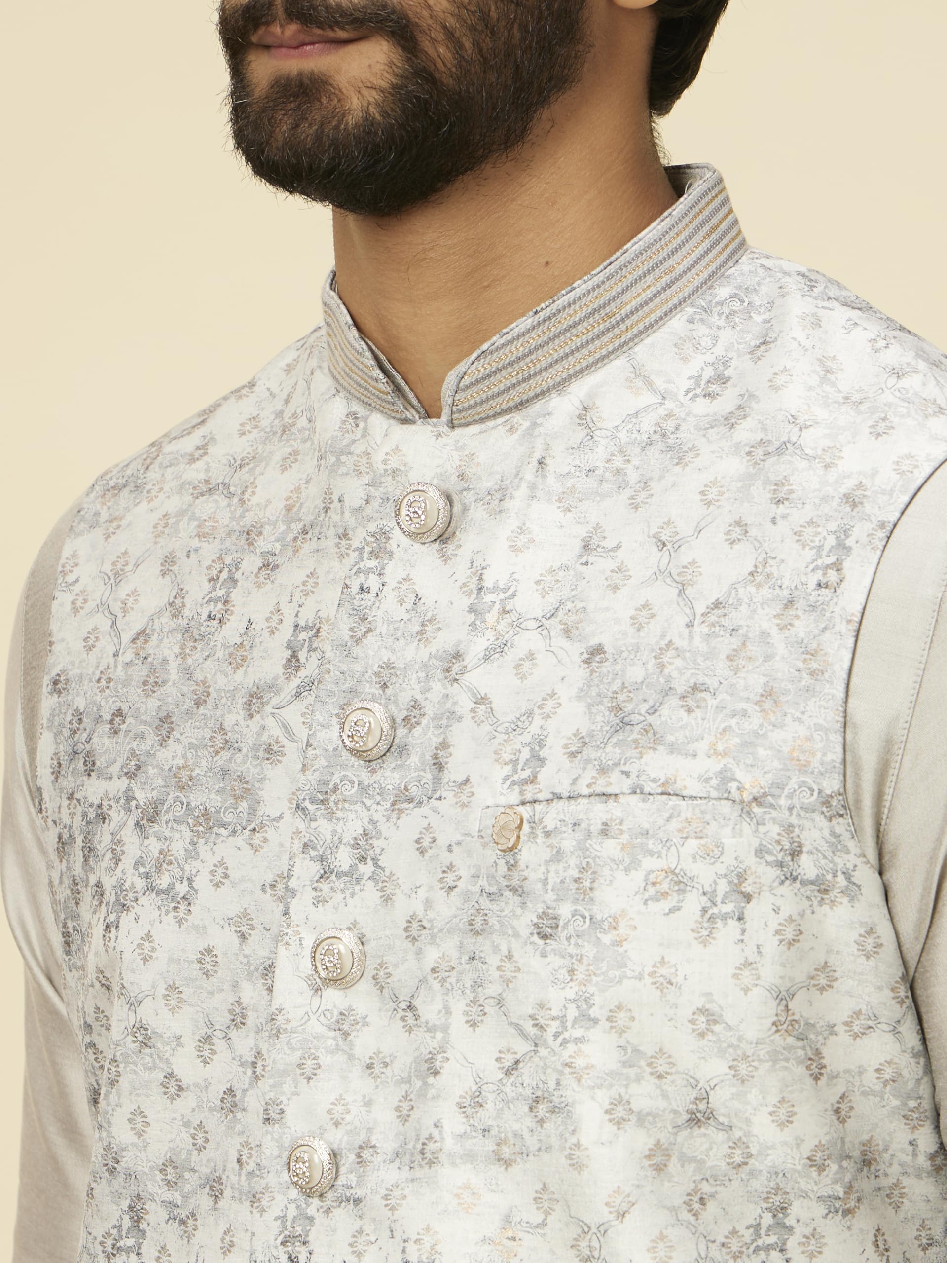 Manyavar Grey Art Silk Foil Print Kurta Jacket Set
