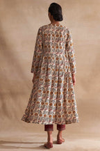 W For Woman Beige Block Print Pleated Longline Kurta