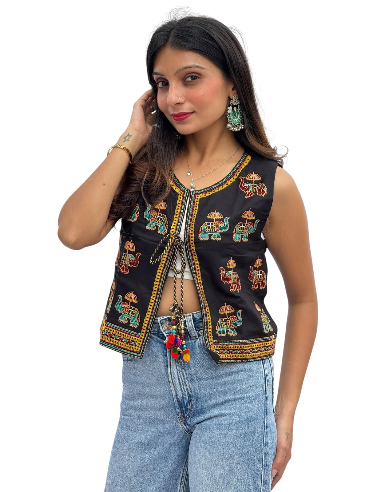 Prijam Womens Embroiderd Ethnic Shrugor Jacket RL 53 White XXL and Special Embroidered Cotton Koti/Jacket/Waist Coat for Women 46