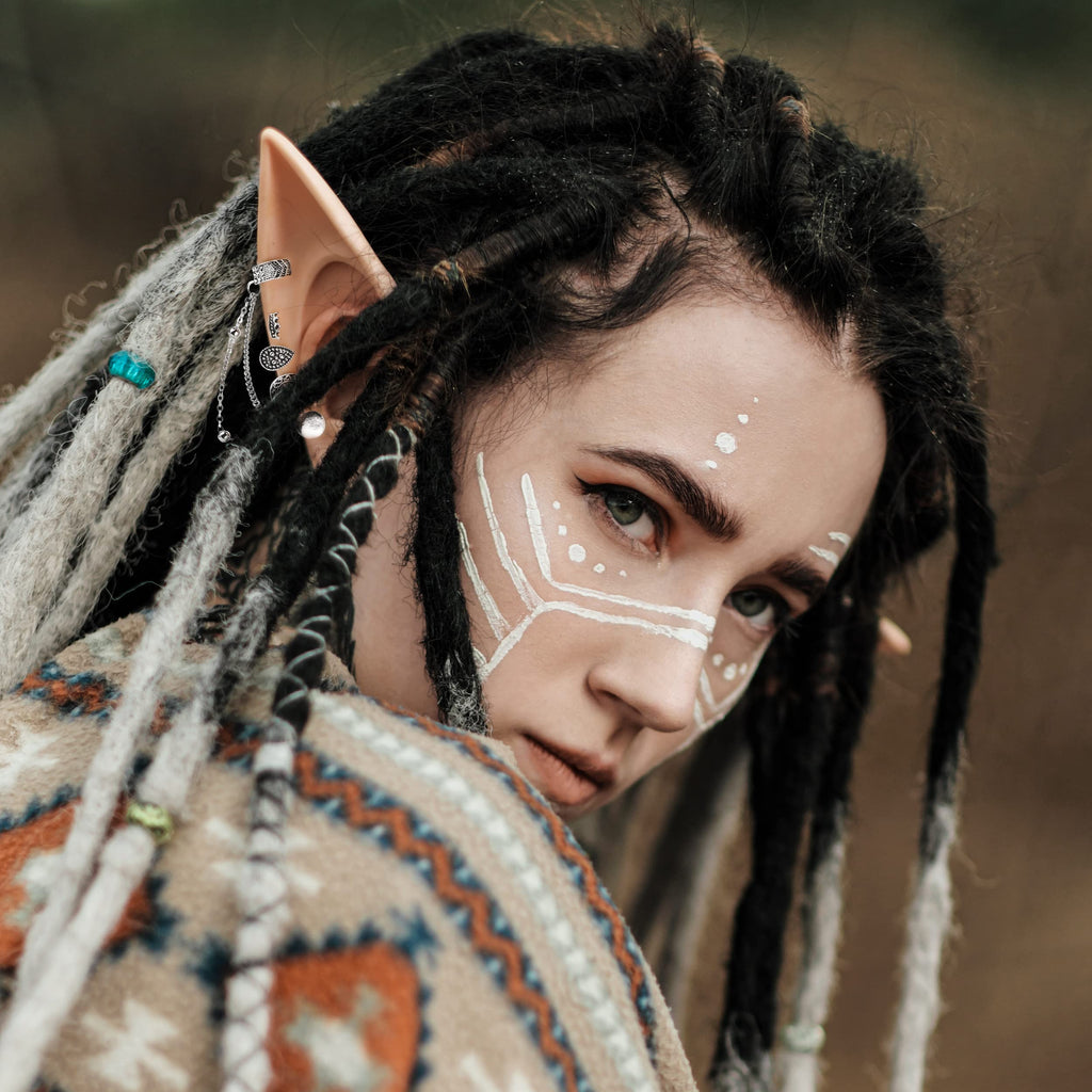 FRESHME Elf Ears with Piercing Cuff Earrings Set - Soft Cosplay Fairy Pixie Ears with Vintage Chain Earring Clips Christmas Rena