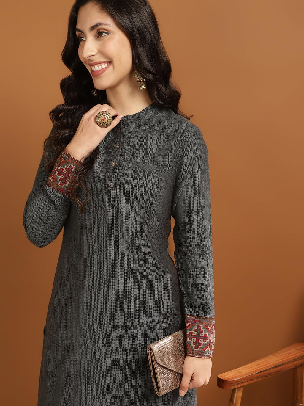 Rangita Grey Acrylic Calf Length Printed Straight Kurti For Women | Kurta For Women