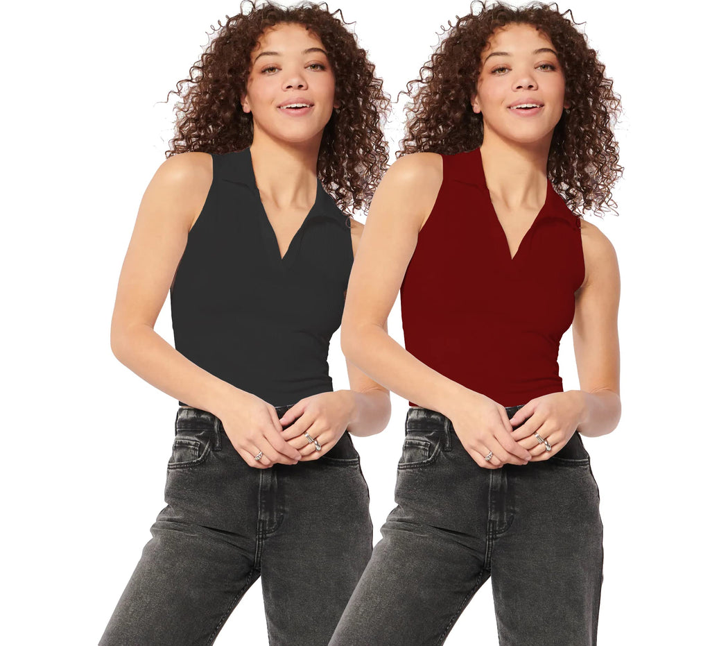Shasmi Womens & Girls Solid Ribbed Polo Club Collar Sleeveless Slim Fit Simplicity Tank Tops (Pack of 2) (TOP 49 Black Maroon 
