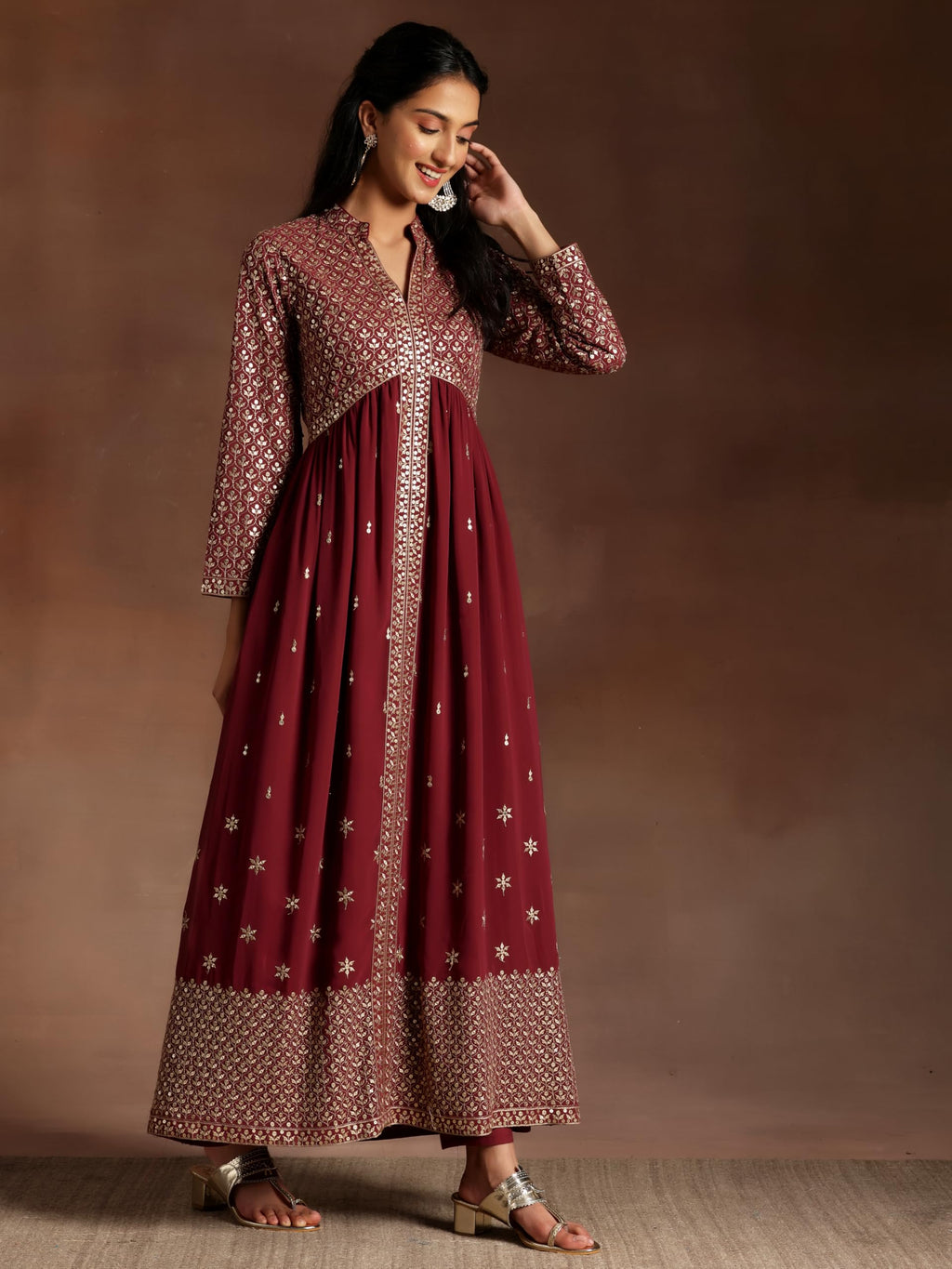 Libas Womens Embroidered Georgette A-Line Kurta With Trousers And Dupatta