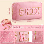 Remerry 4 Pcs Nylon Cosmetic Bag Travel Organizer Chenille Letter Makeup Pouch Zipper Preppy Waterproof Hair Bag Toiletry Pouch