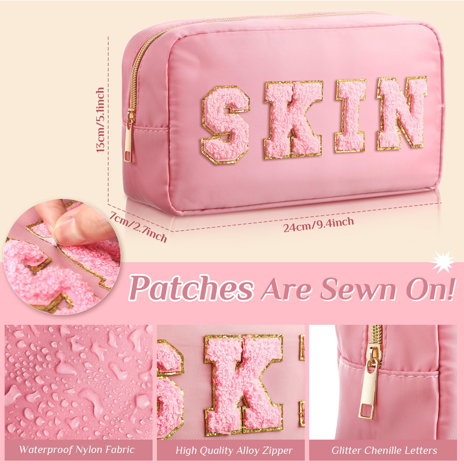 Remerry 4 Pcs Nylon Cosmetic Bag Travel Organizer Chenille Letter Makeup Pouch Zipper Preppy Waterproof Hair Bag Toiletry Pouch