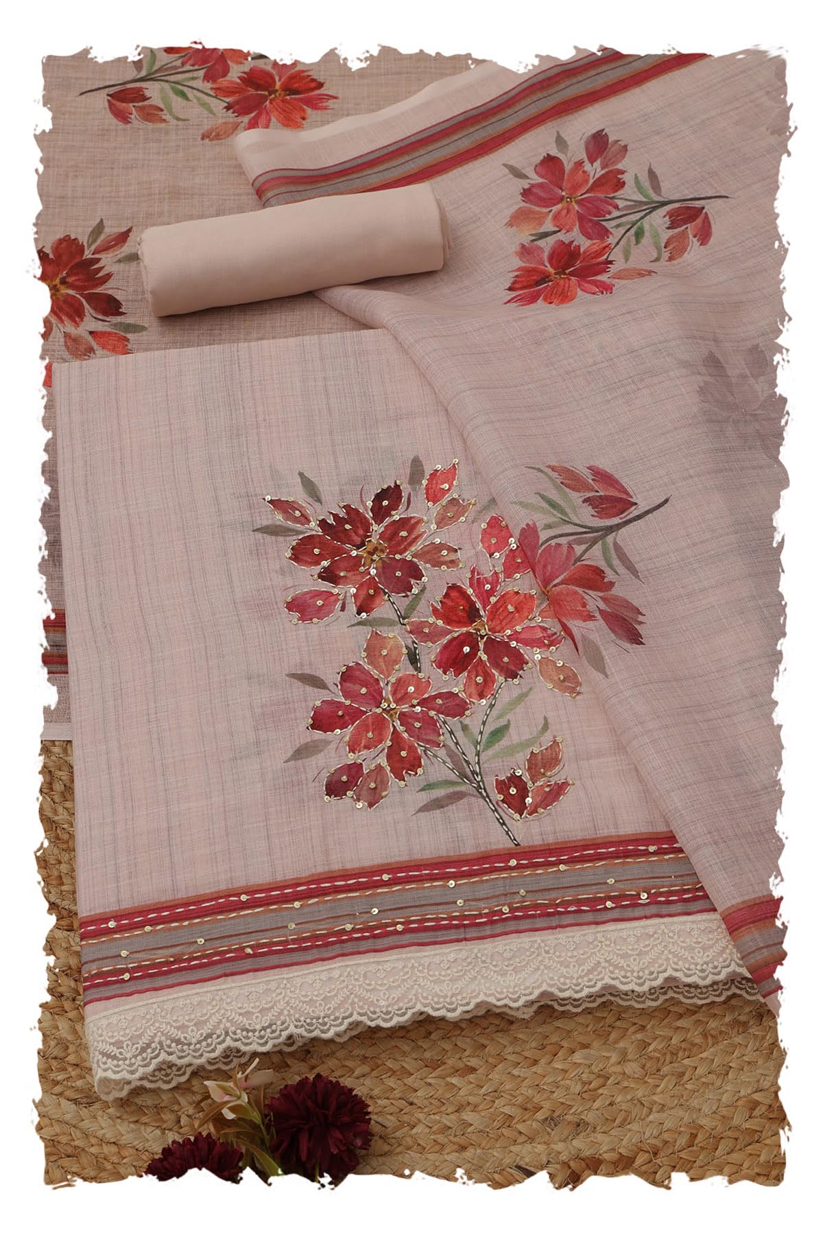 Soch Women Linen Floral Dress Material with Kantha Embroidery Work Or Sequin Details