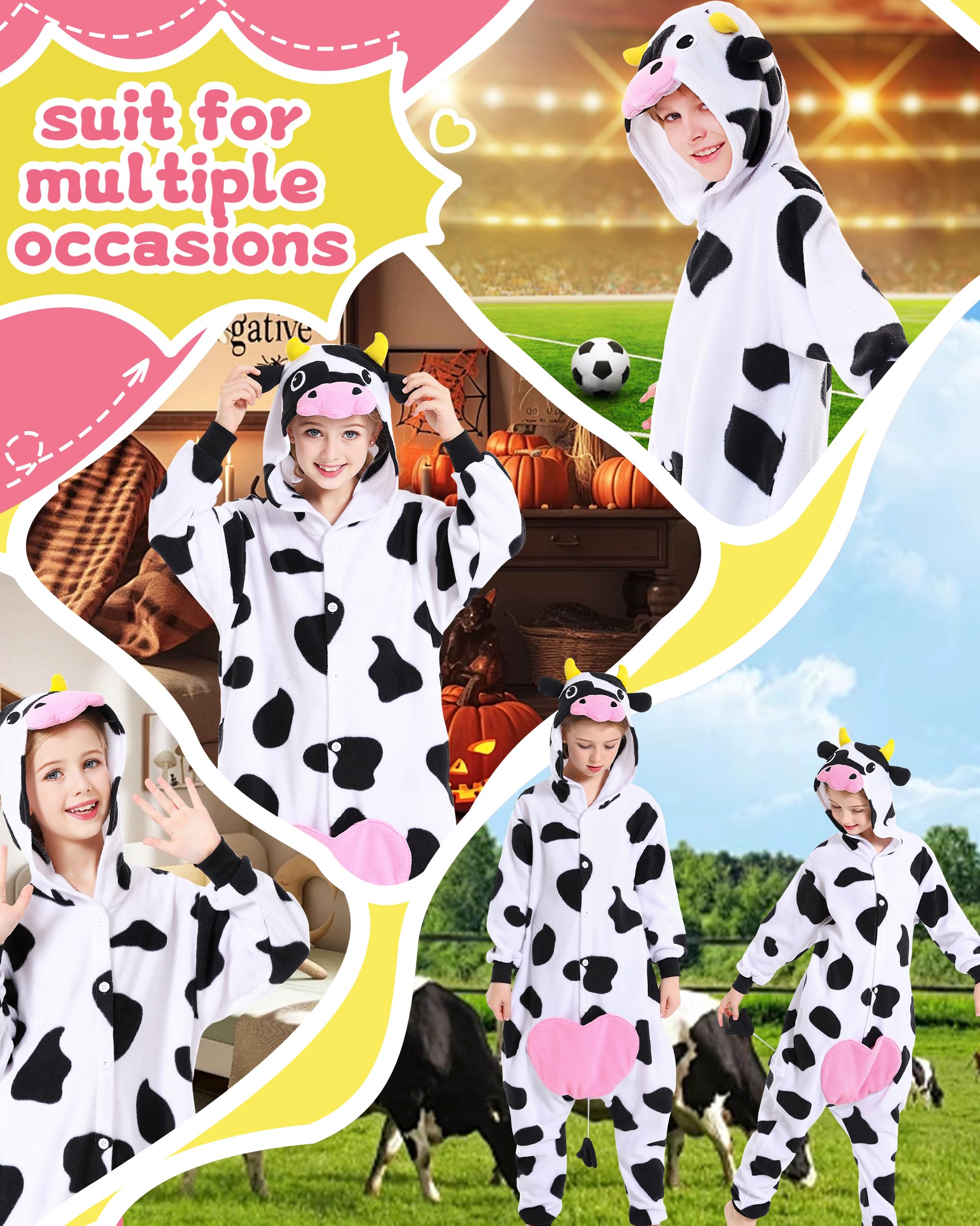 CANASOUR Kids Cow Onesie Farm Animal Halloween Cosplay Costume for 6-8 Years Girls Unisex Outfuit One Piece Hooded Soft Pajamas