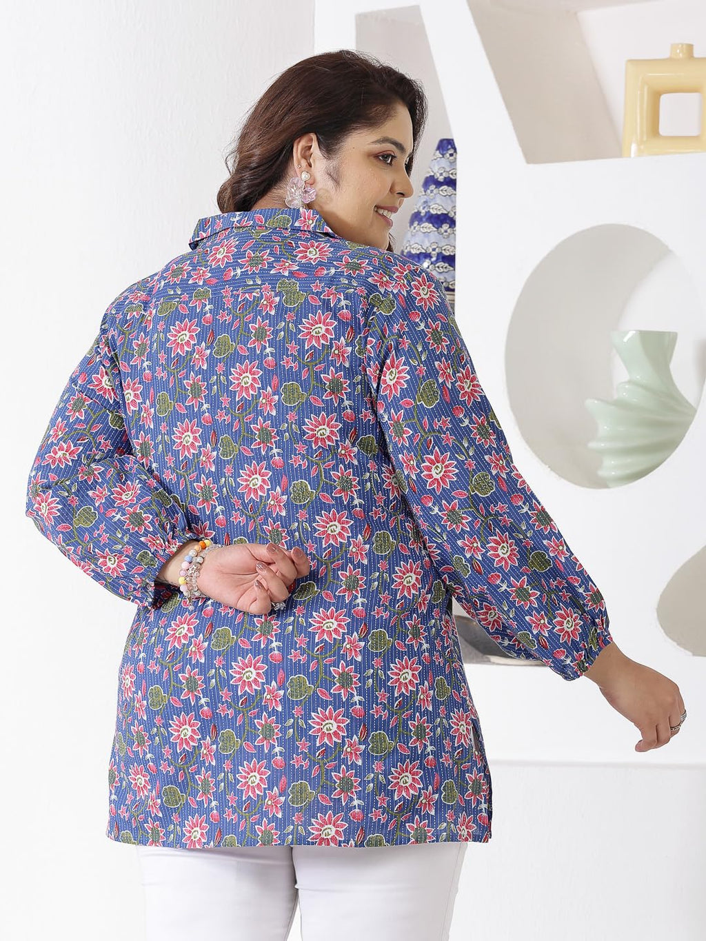 Stylum Womens Plus Size Floral Printed Cotton Shirt Style Top
