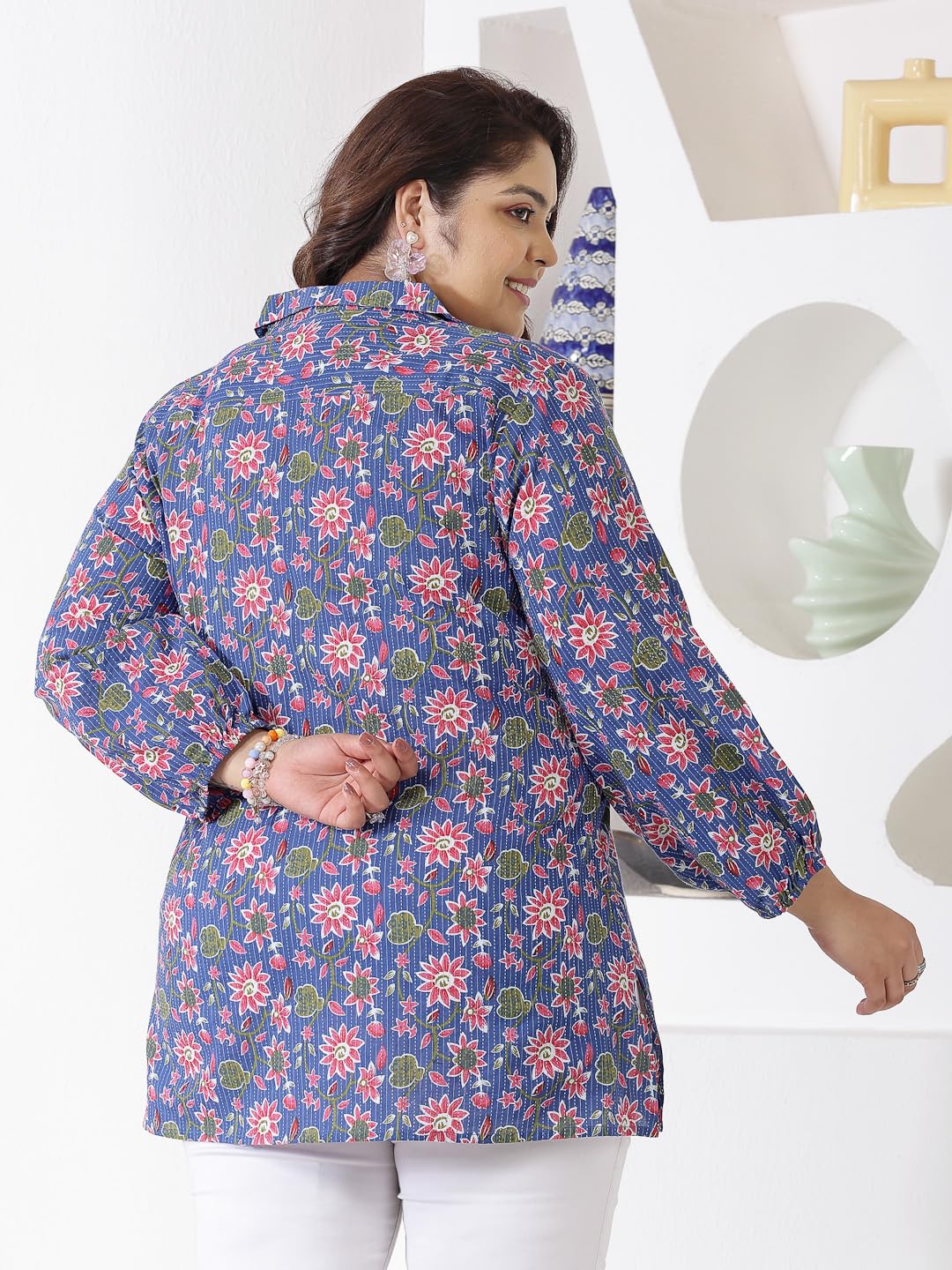 Stylum Womens Plus Size Floral Printed Cotton Shirt Style Top