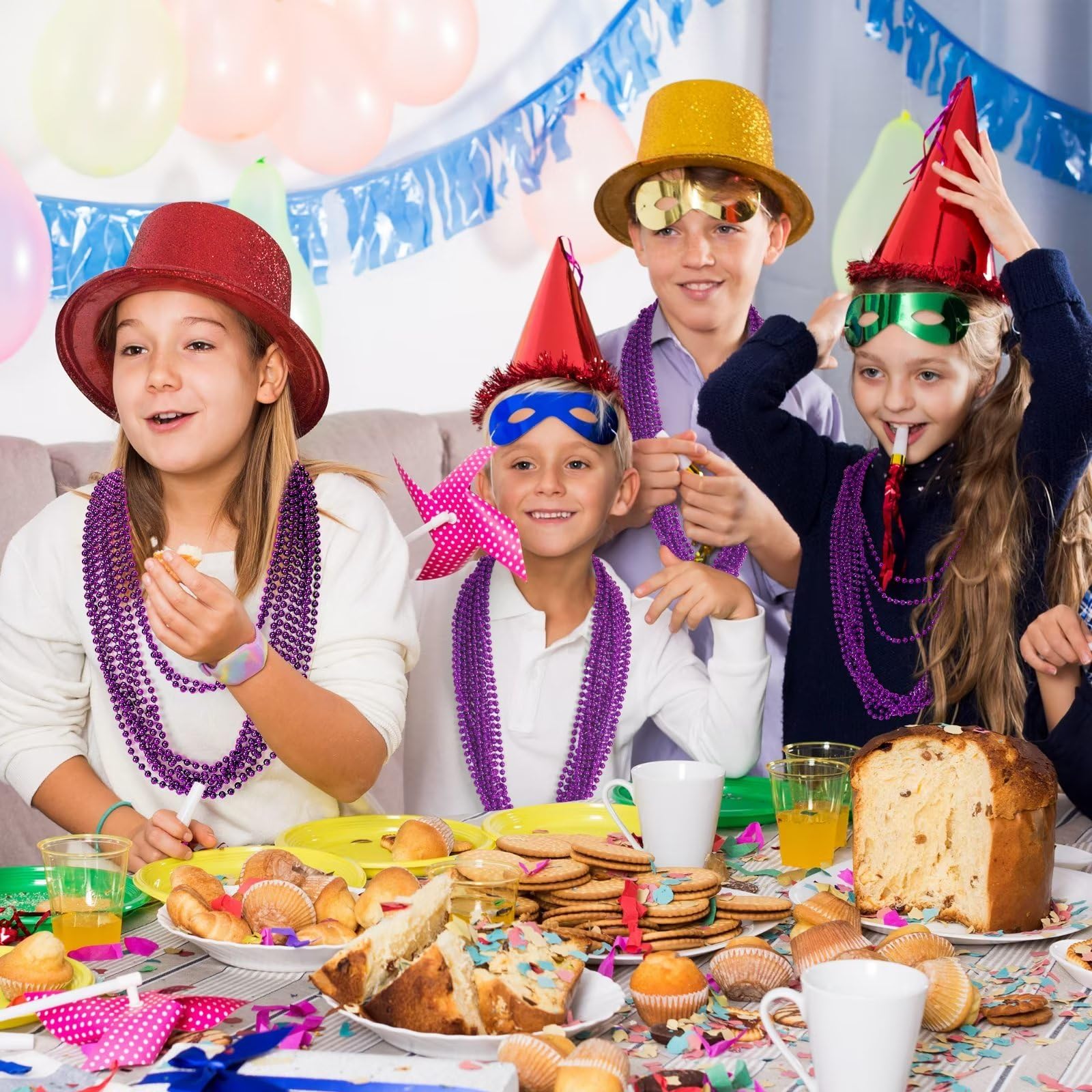 EOBOH Mardi Gras Beads, 12PCS Purple Bead Necklace Party Favors, 33 Bead Necklaces Accessory Set Women Men, Festival Parade Thro