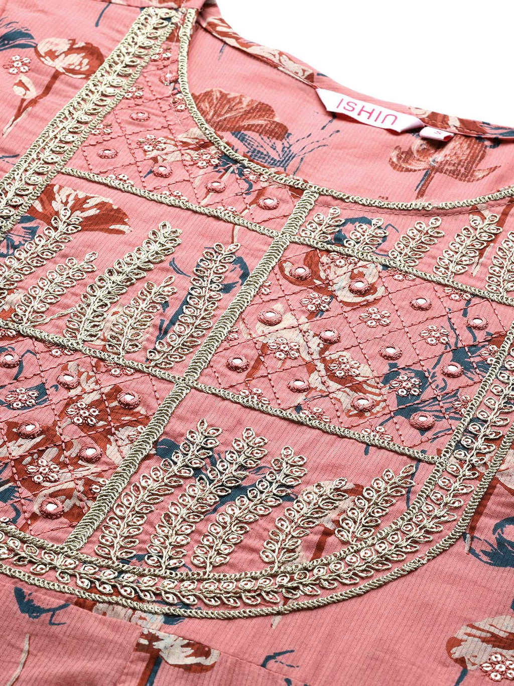 Ishin Women'S Turquoise Pure Cotton Zari Flared Floral Print Kurta Set With Pants & With Dupatta