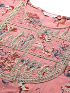 Ishin Women'S Turquoise Pure Cotton Zari Flared Floral Print Kurta Set With Pants & With Dupatta