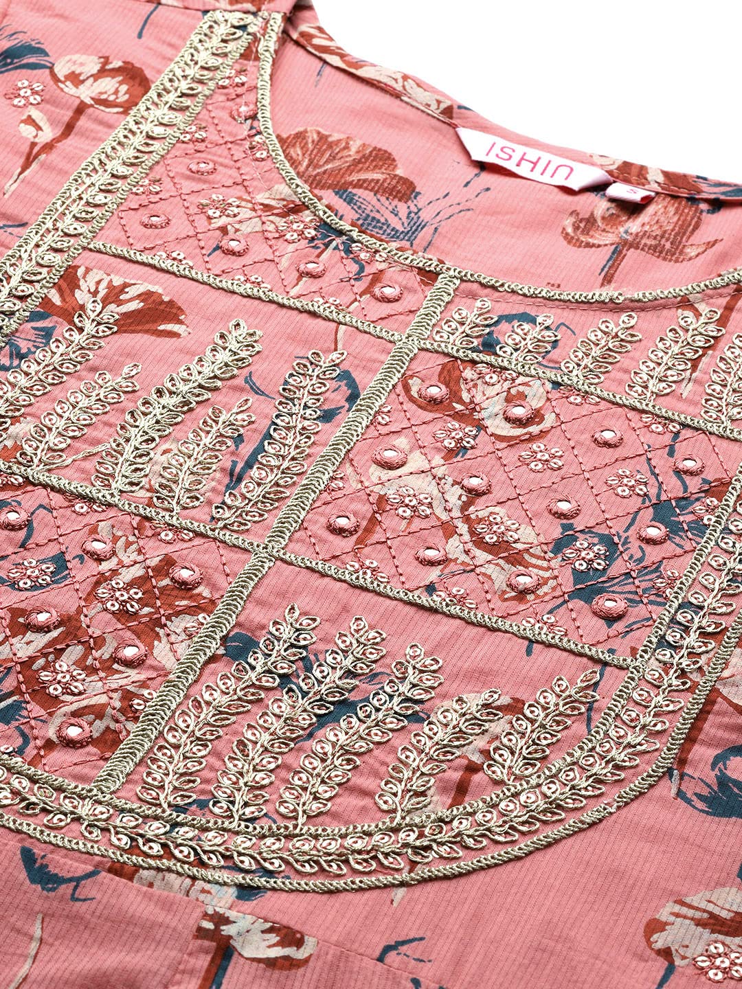 Ishin Women'S Turquoise Pure Cotton Zari Flared Floral Print Kurta Set With Pants & With Dupatta