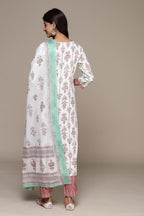 Anubhutee Women'S Pure Cotton Floral Printed Blue Kurta Suit Set With Trousers & Dupatta