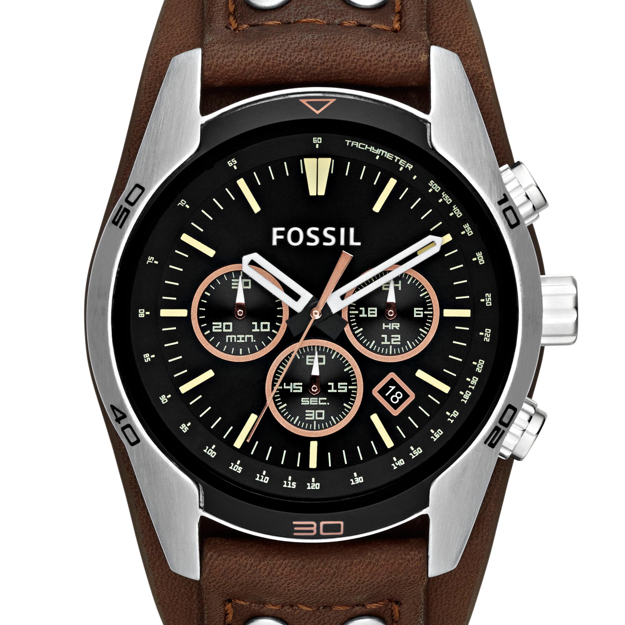 Fossil Men's Coachman Quartz Stainless Steel and Leather Chronograph Watch, Color: Silver, Brown (Model: CH2891)