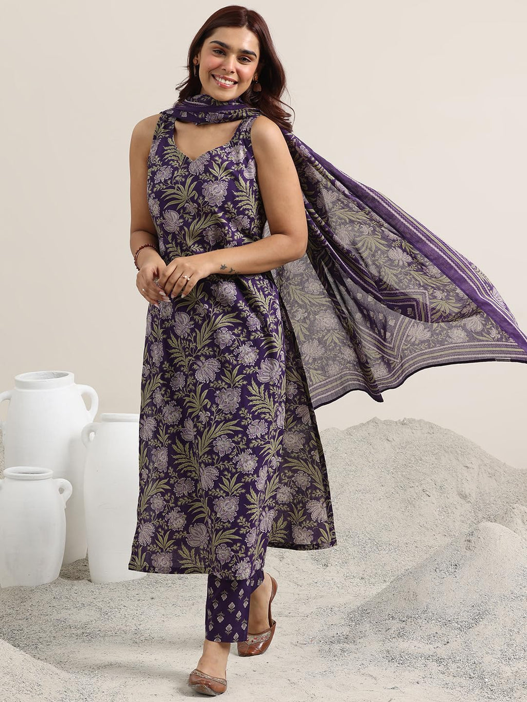 Libas WomenS Cotton Blend Kurta Set (400343R_Purple
