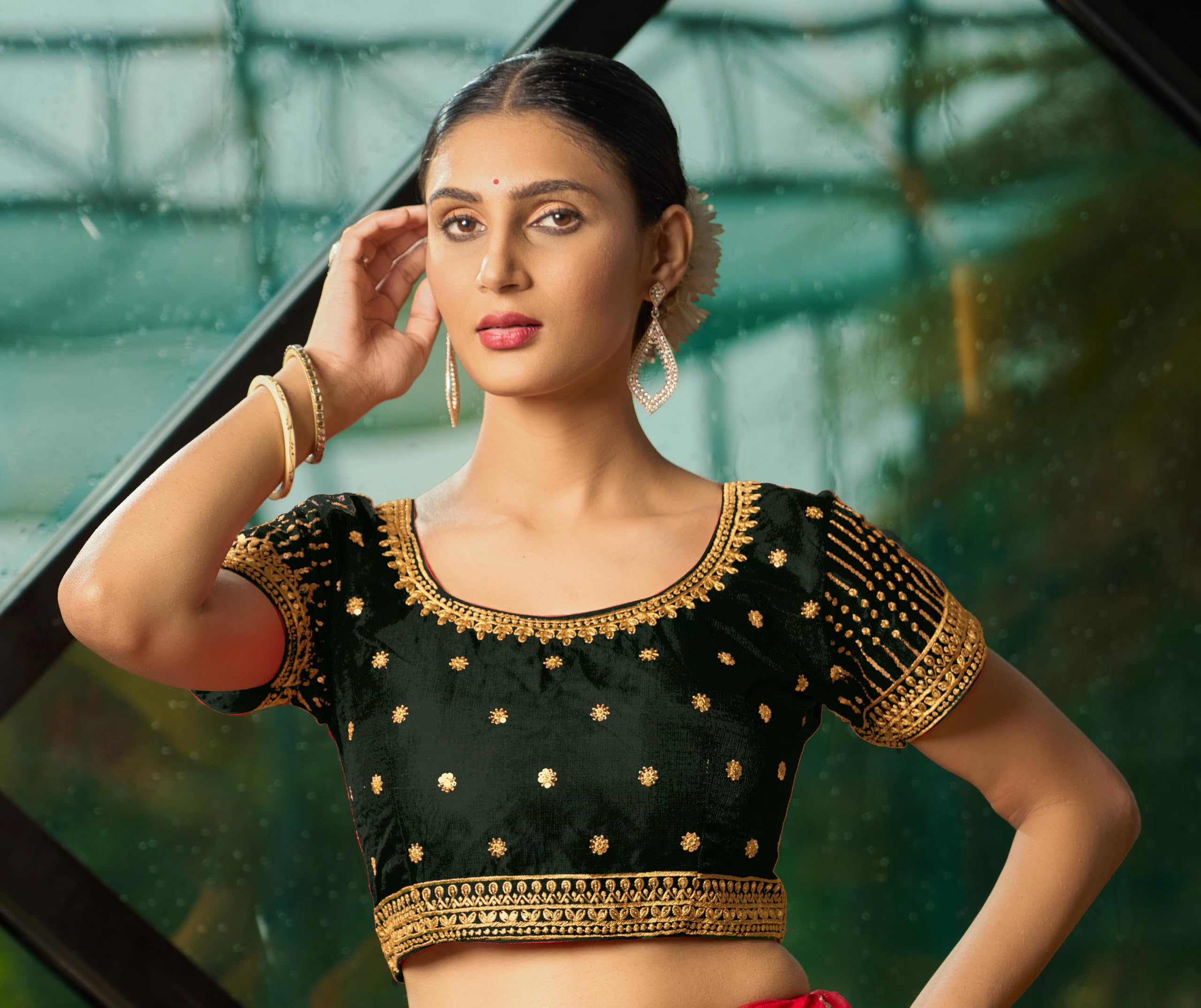 Pujia Mills WomenS Dark Green Readymade Blouse Embroidery Multi Coding Gold Thread Indian Ethnic Designer Blouse Stitched Women