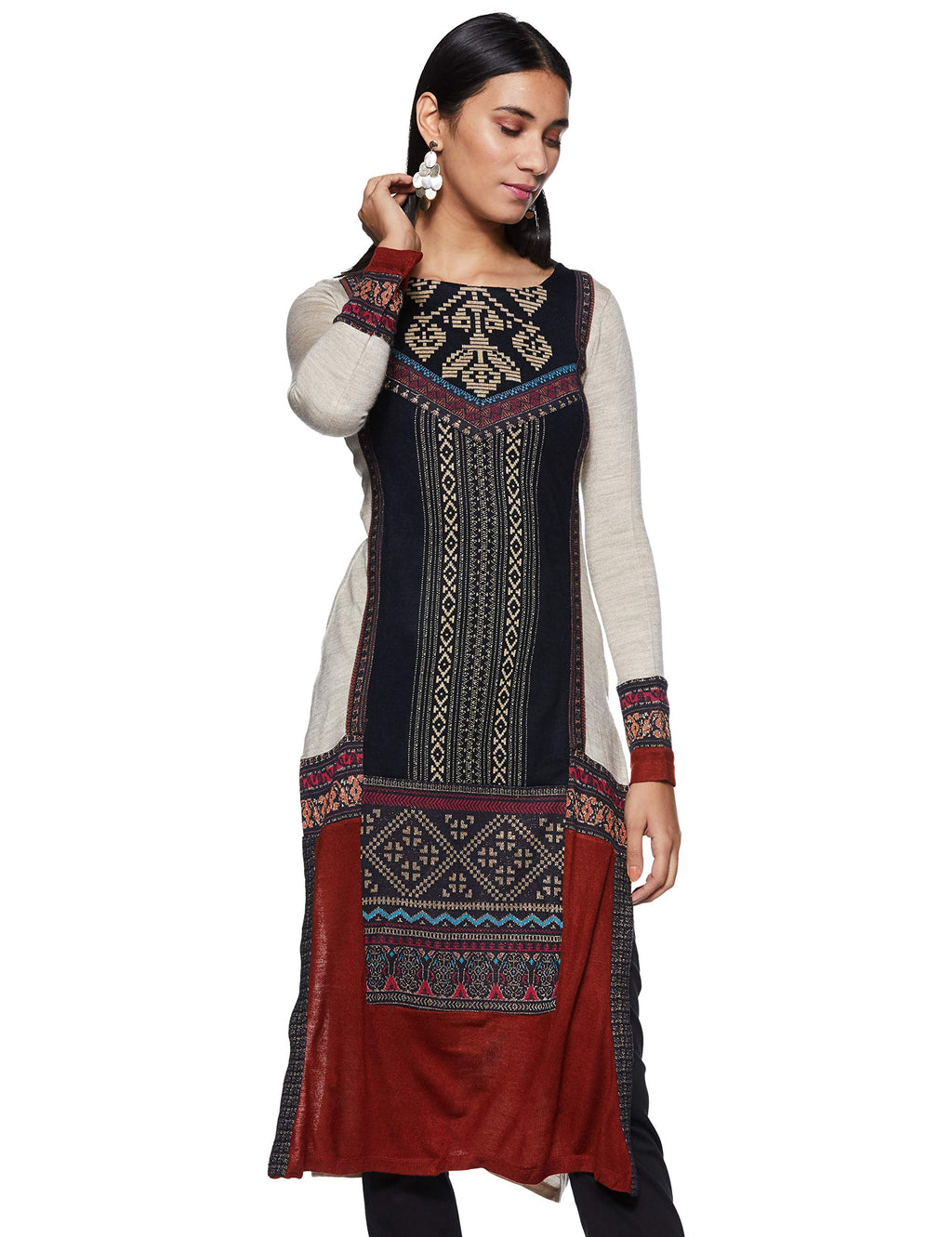 W For Woman Women Synthetic Straight Fit Winter Kurta (17No17266-66148_Beige Melange_6)