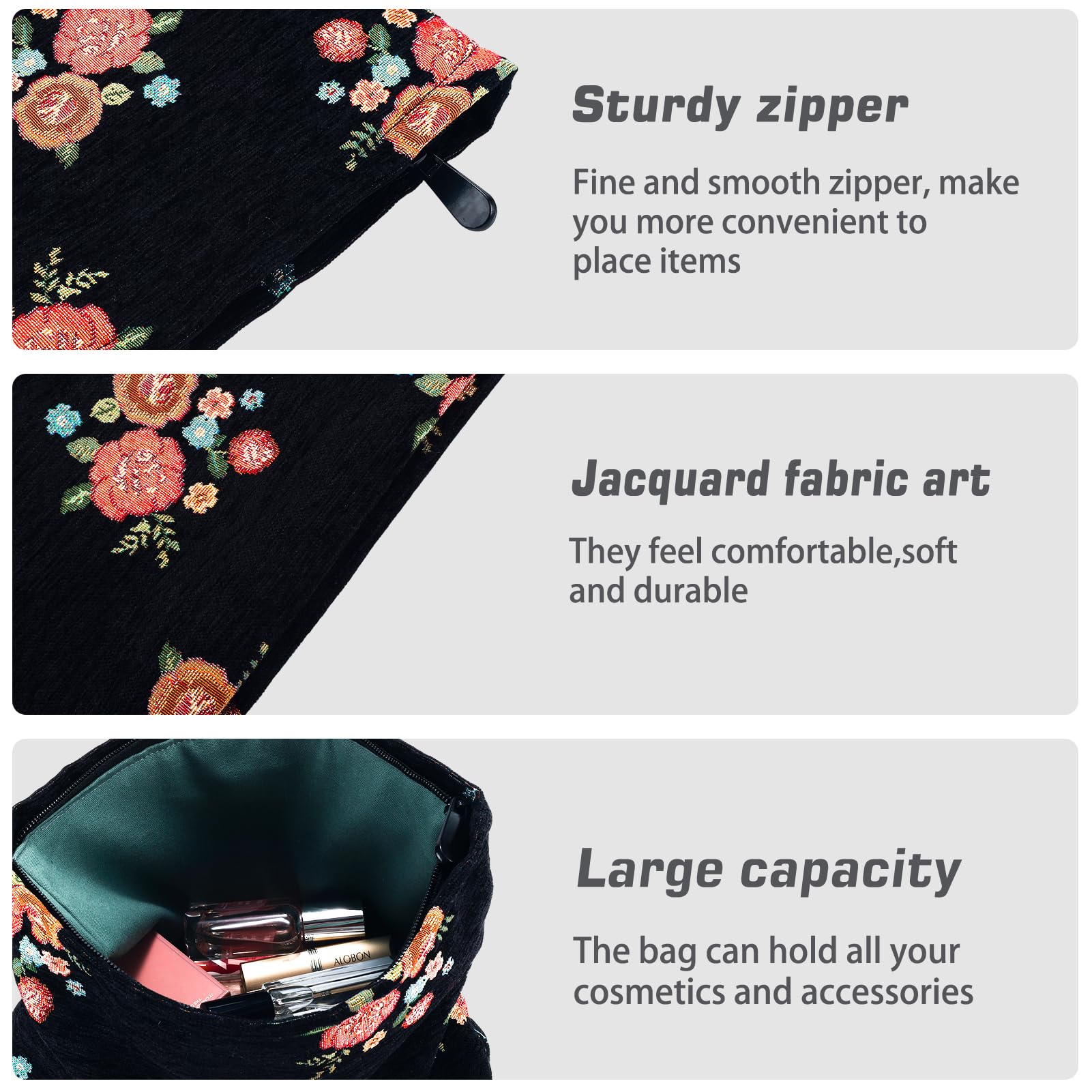 ZLFSRQ Makeup Bag Travel Cute Black Vintage Flower Floral Cosmetic Bags for Women Large Embroidery Toiletry Pouch Zipper Cosmeti
