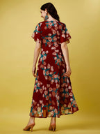 Fashion2Wear WomenS Georgette Midi Dress With V Neck Floral Printed A Line Style Knee Length Half Ruffle Sleeves And Regular Fi