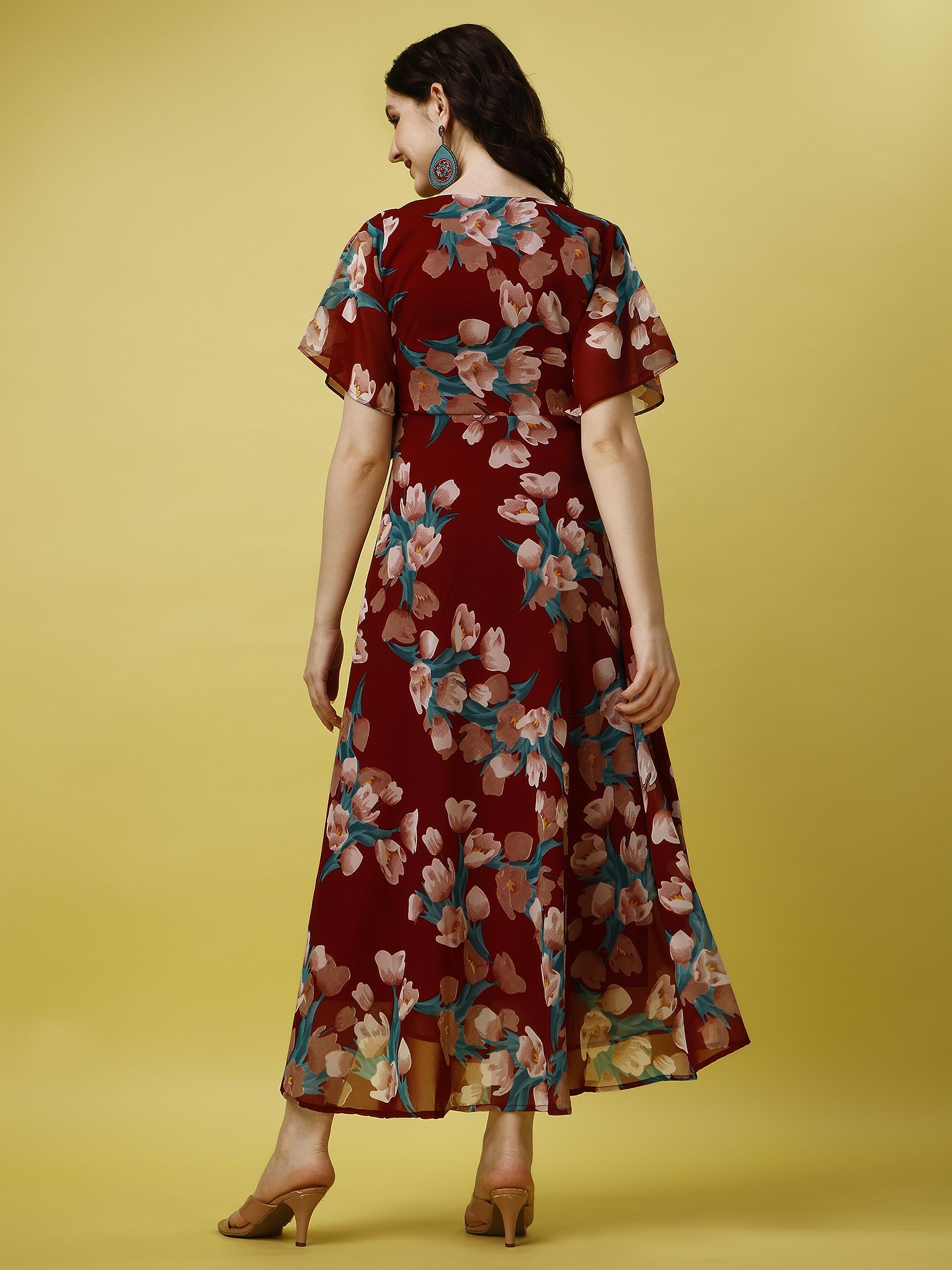 Fashion2Wear WomenS Georgette Midi Dress With V Neck Floral Printed A Line Style Knee Length Half Ruffle Sleeves And Regular Fi