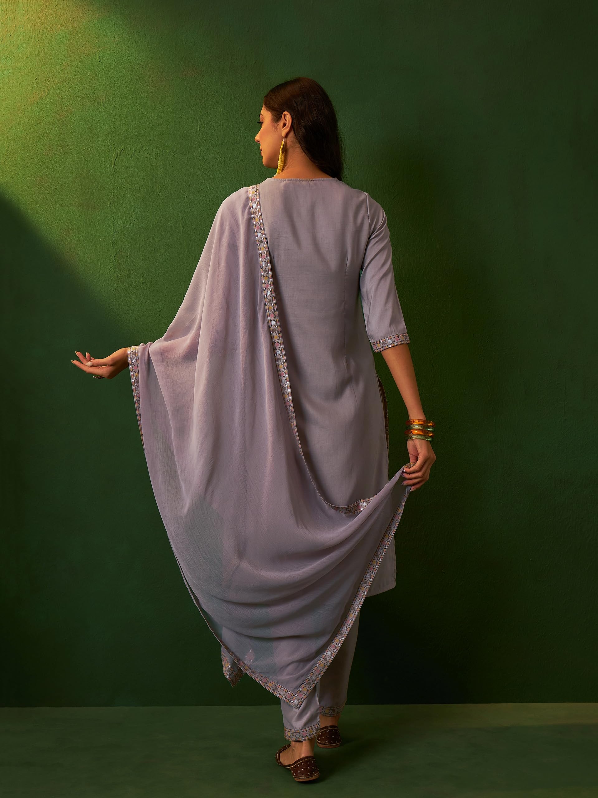 Ziyaa Women Light Grey Chinon Straight Kurta With Pant And Dupatta Set