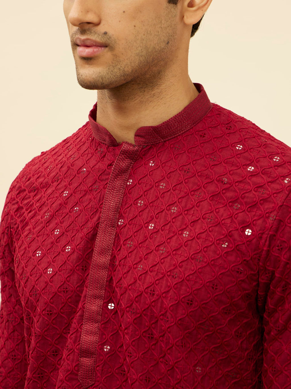 Manyavar Mens Cotton Blend Embroidered Kurta Pyjama Set