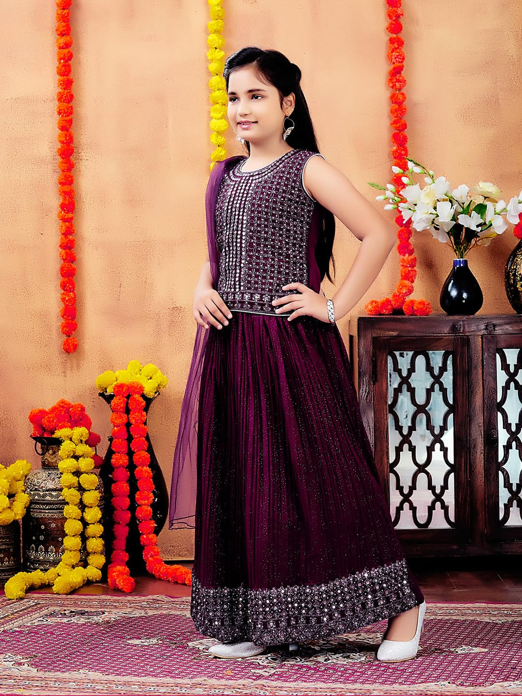 Aarika Girls Ethnic Wear Purple Colour Mirror Embroidery Georgette Lehenga Choli Set (10-15 Years)