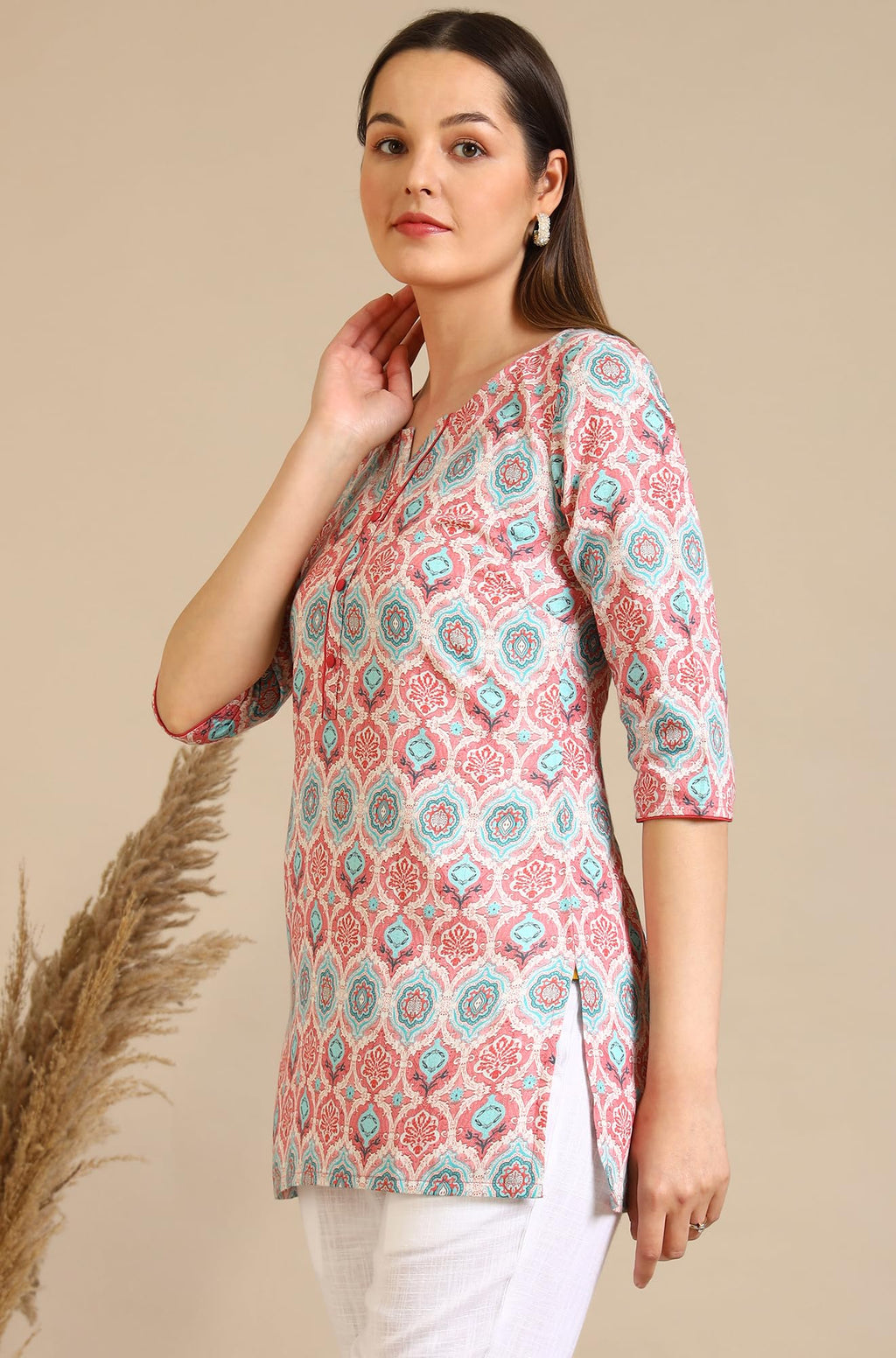 Aurelia Women'S Pink Abstract Printed Pure Cotton Straight Kurta