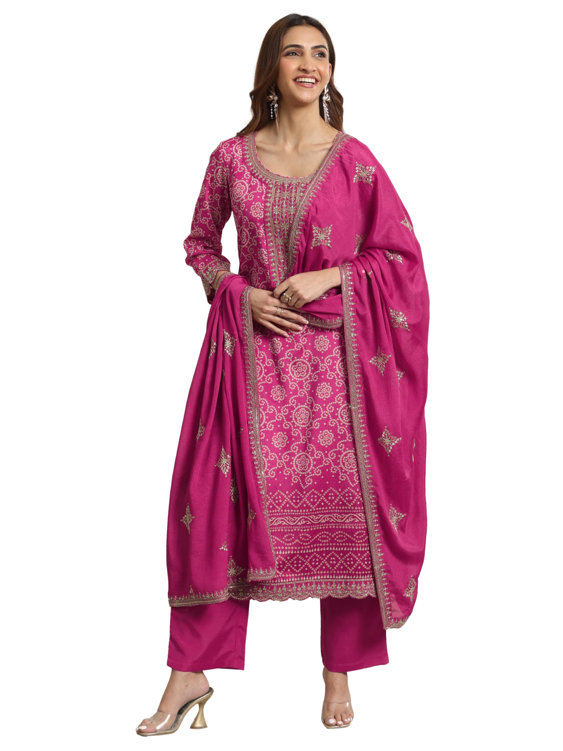 Libas Pink Bandhani Printed Yoke Embroidered Straight Kurta & Solid Palazzo With Embroidered Dupatta