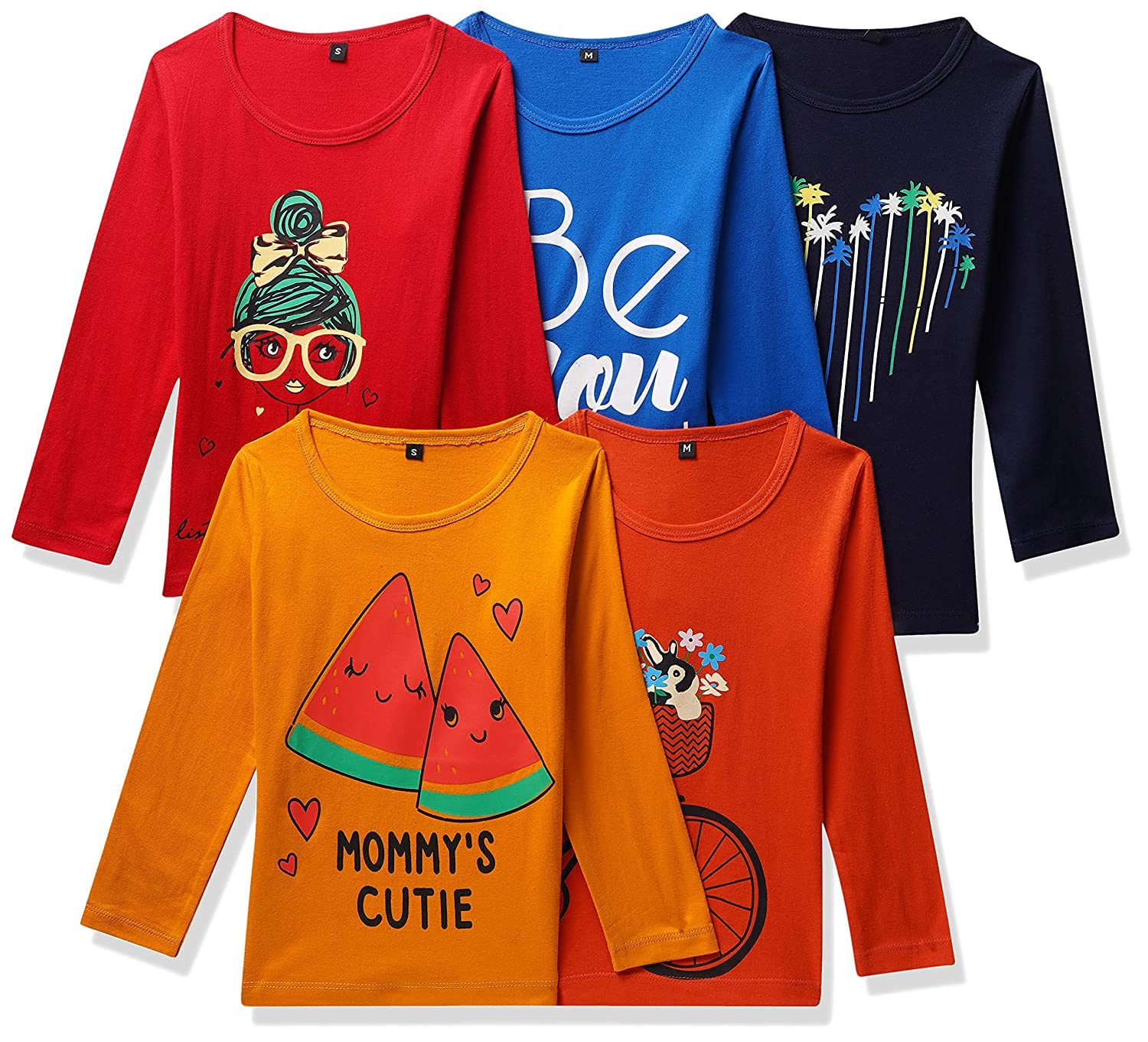 T2F Girls Cotton Printed Regular Fit Full Sleeve T-Shirt(Pack of 5), Assorted, 2-3 Years