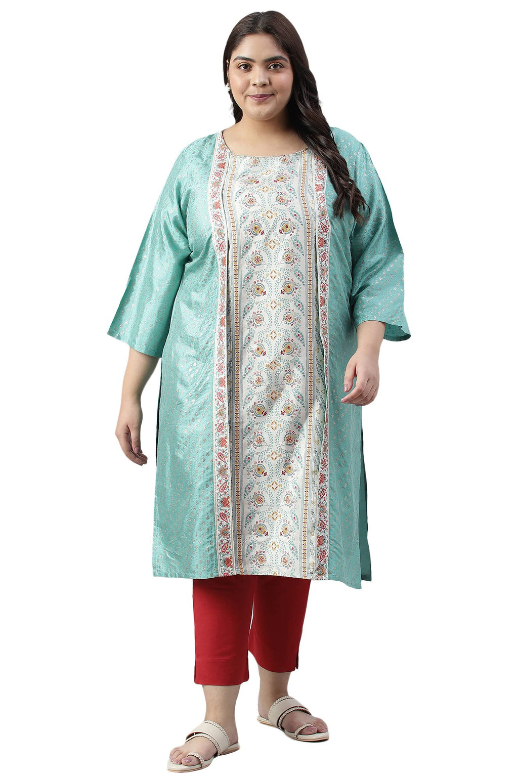 W For Woman Green And Ecru Mock Layered Printed Plus Size Kurta_22Auw18133G-119215_5Xl