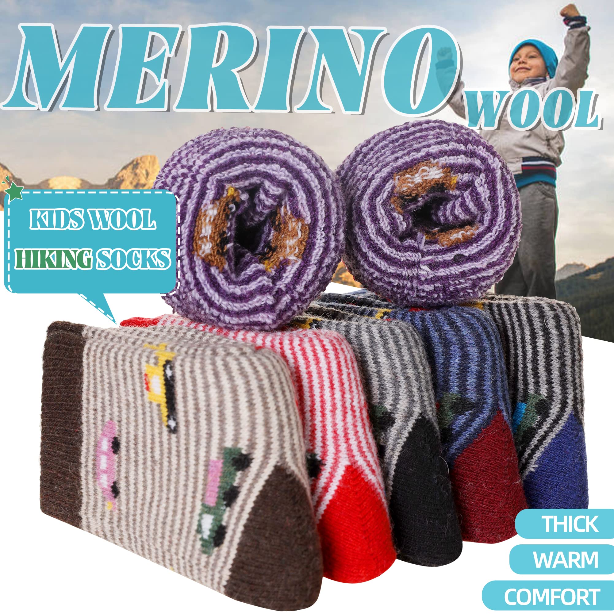 Eocom 6 Pairs Children's Winter Warm Wool Socks Kids Toddlers Boys Girls Thermal Thick Boot Cozy Crew Socks (1-3 Years, Cartoon