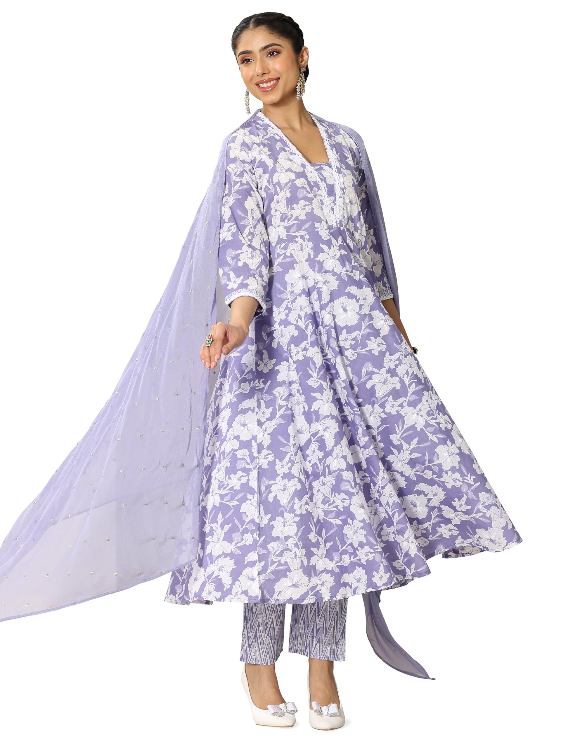 Lavender Floral Printed Anarkali Kurta And Printed Palazzo With Embellished Dupatta
