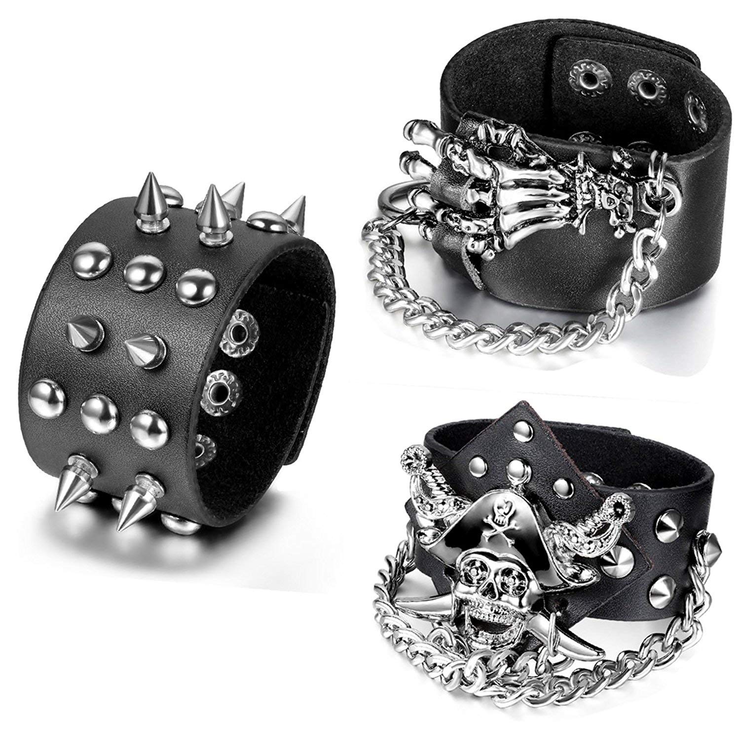 Aroncent 3PCS Spike Studded Bracelet Rock Biker Wide Strap Bracelet Set Adjustable Spiked Leather Cuff Bracelet Goth Punk Access