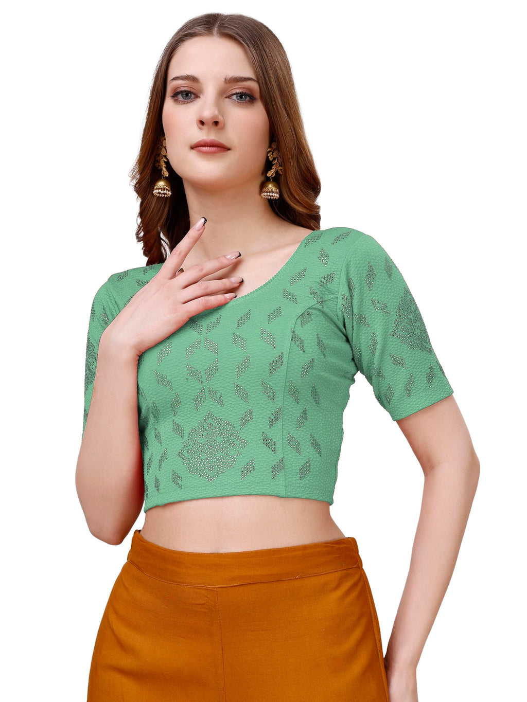 Pujia Mills WomenS Readymade Hosiery Lycra Stretchable Round Neck Half Sleeve Blouse With Swaroski Work Fancy Lycra Stretchable