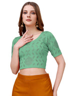 Pujia Mills WomenS Readymade Hosiery Lycra Stretchable Round Neck Half Sleeve Blouse With Swaroski Work Fancy Lycra Stretchable