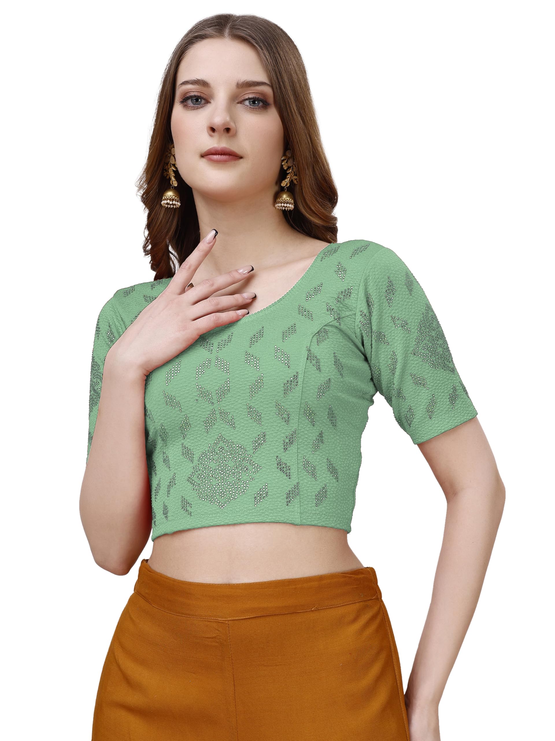 Pujia Mills WomenS Readymade Hosiery Lycra Stretchable Round Neck Half Sleeve Blouse With Swaroski Work Fancy Lycra Stretchable