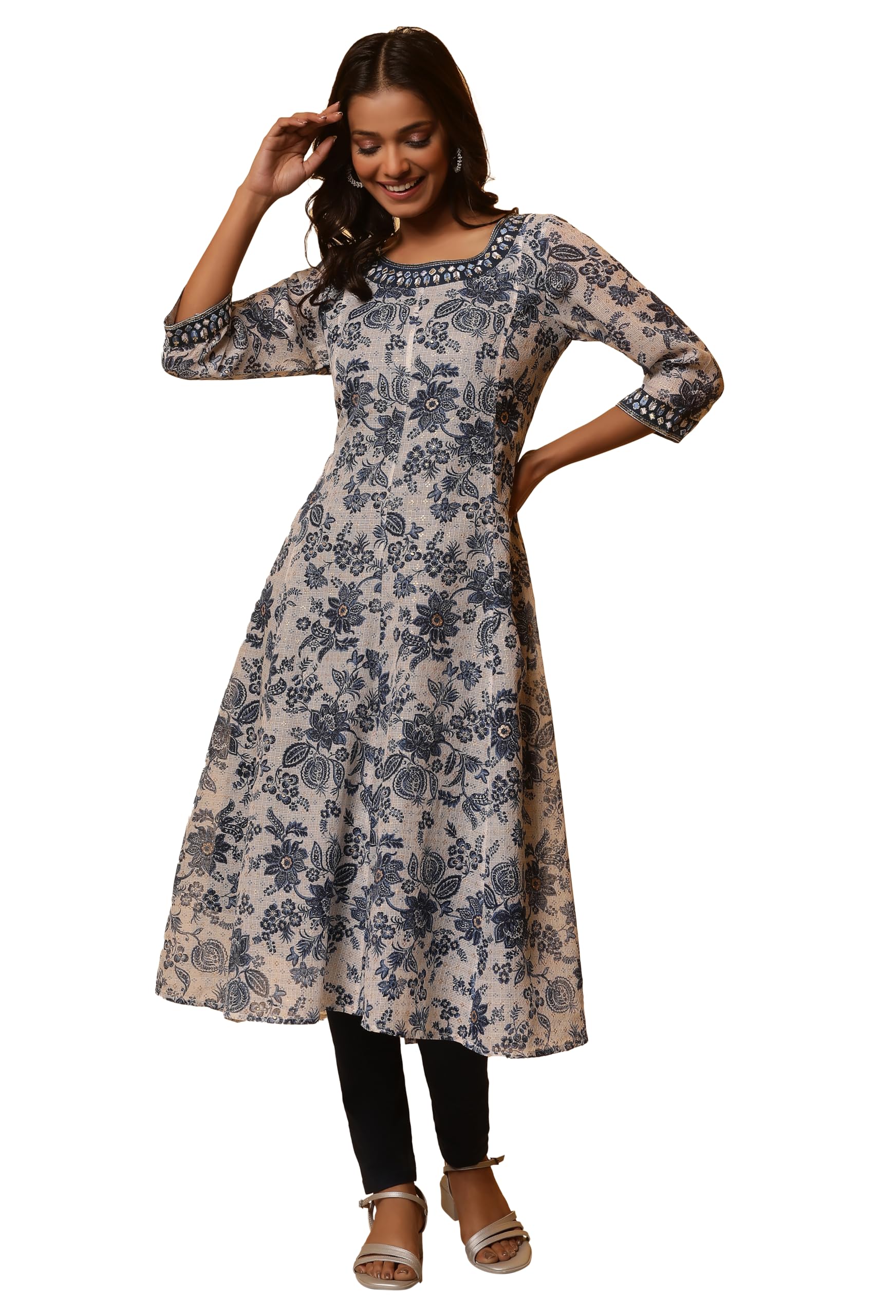 Blue Floral Printed Anarkali Kurta with Embroidered Neck (Size: M)-24FEA14850-508224