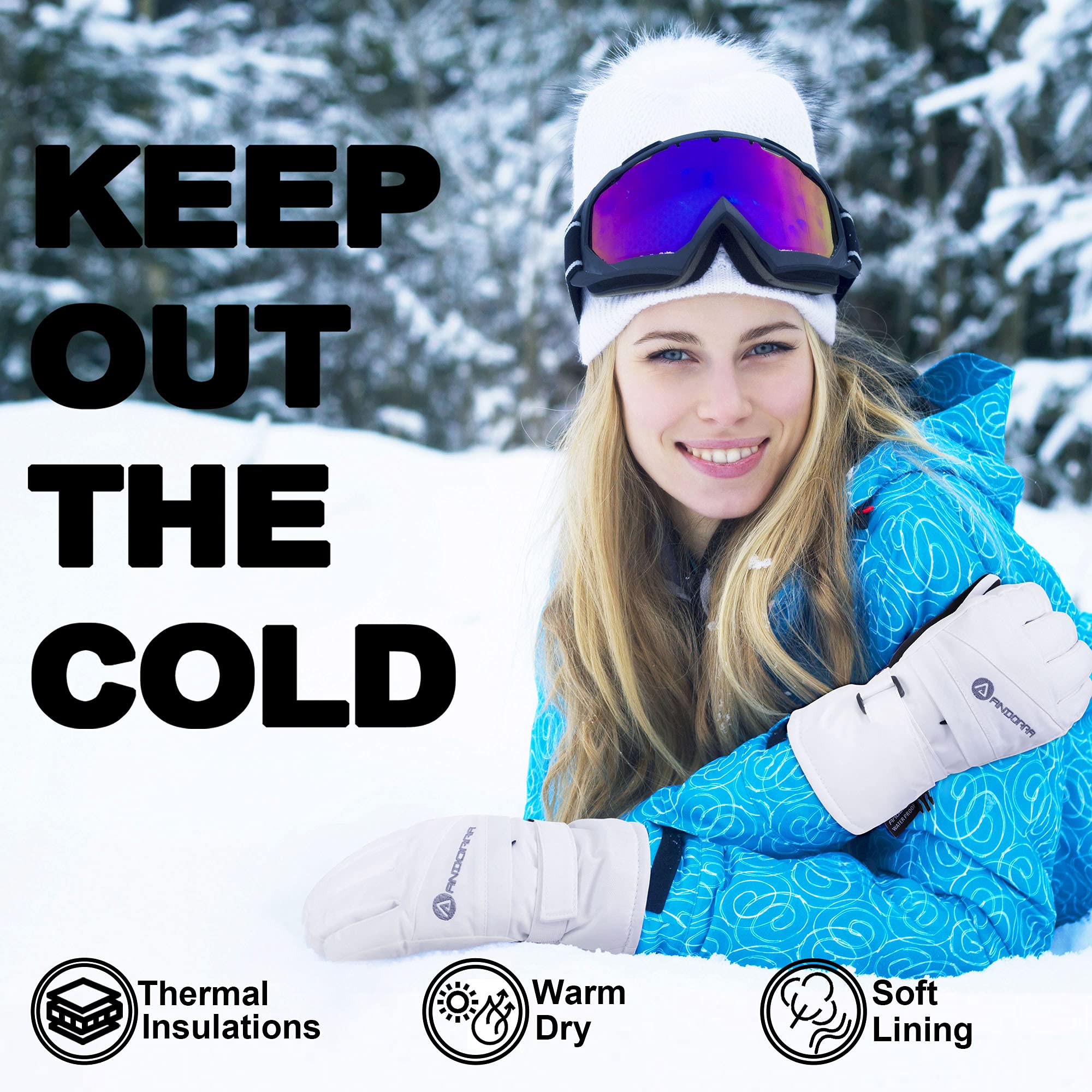 Andorra Snow Gloves Women Touchscreen Zipper Pocket Ski Gloves, White, S