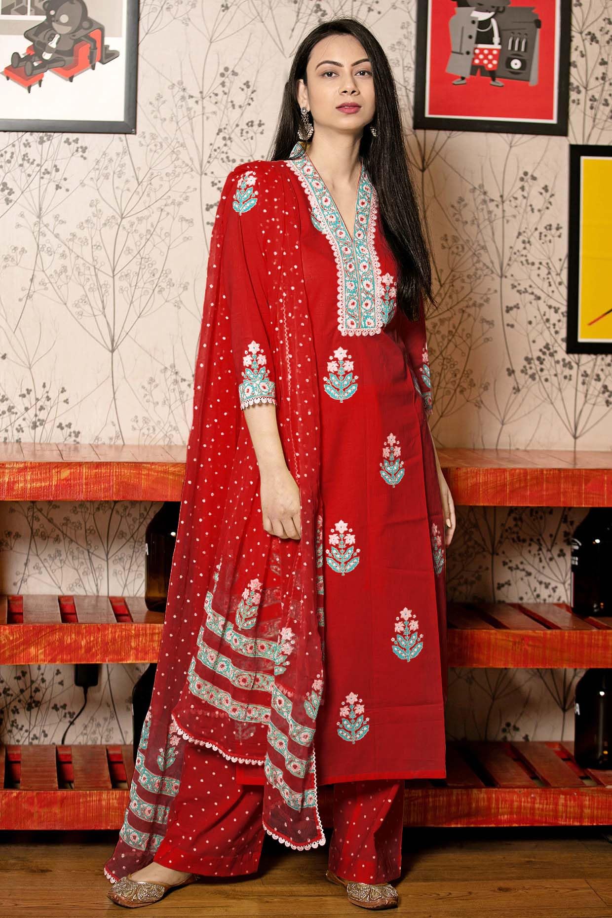 ANNI DESIGNER Women s Viscose Rayon Kurta with Trousers and Dupatta, Red, 48