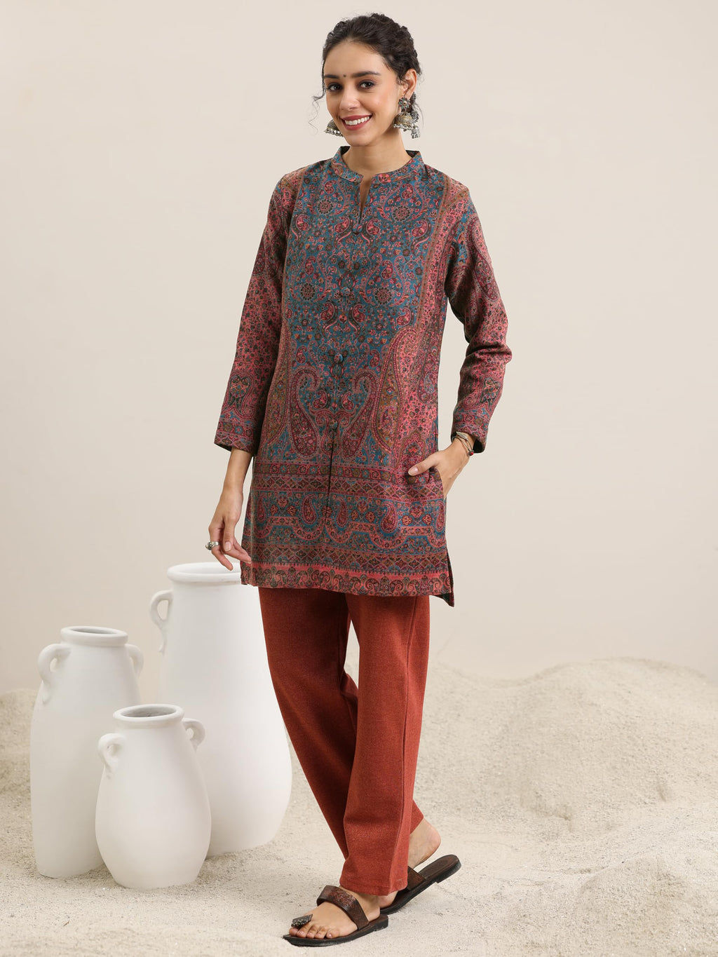 Libas Womens Woven Design Wool Straight Kurta With Palazzos