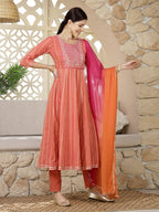 Stylum WomenS Woven Designed & Embroidered Cotton Blend Anarkali Kurta Pant Dupatta Set