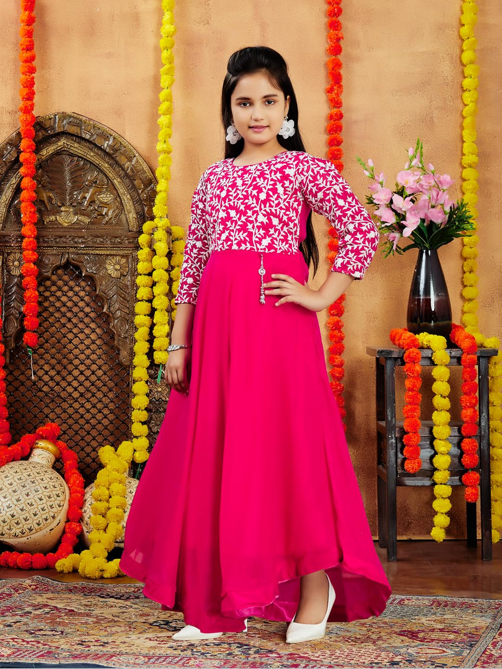 Aarika Girls Red Colour Chicken Embroidery Silk Gown (3-9 Years)