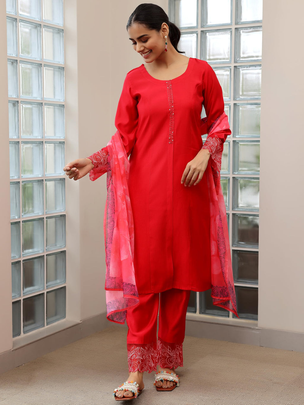 Libas WomenS Silk Blend Kurta Sets (48744O_Red