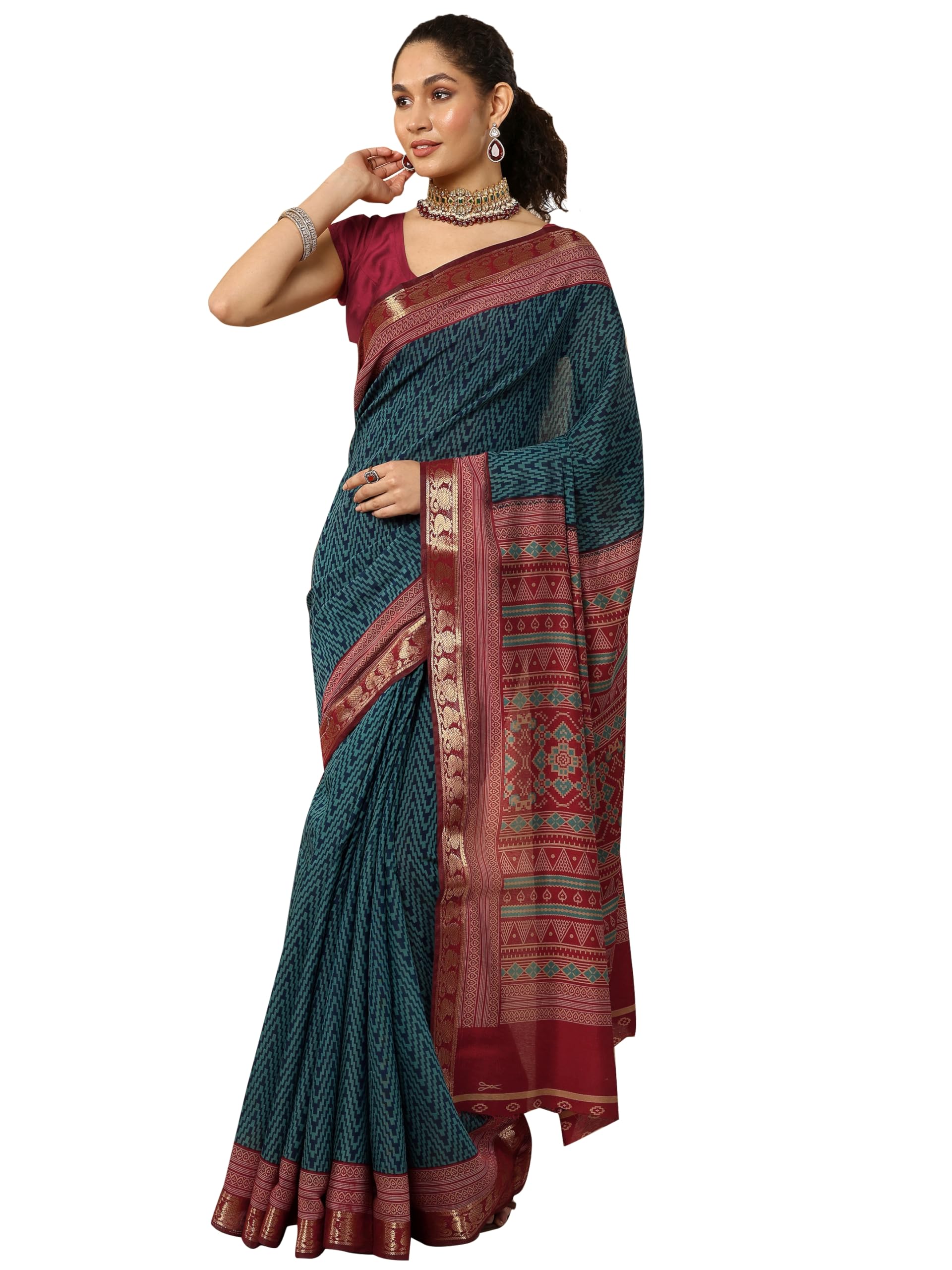 Blue Chevron Printed Silk Blend Saree With Unstitched Blouse Piece