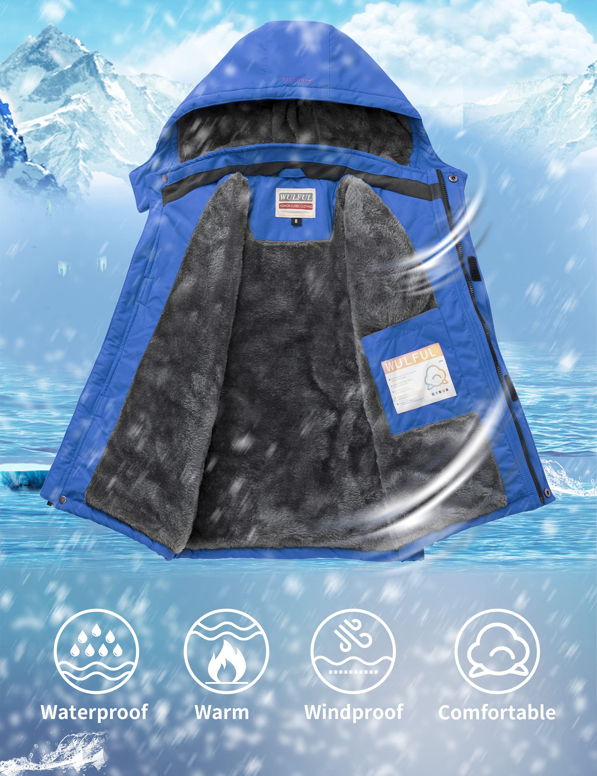 WULFUL Boy's Waterproof Ski Jacket Warm Fleece Hooded Windproof Winter Snow Coat