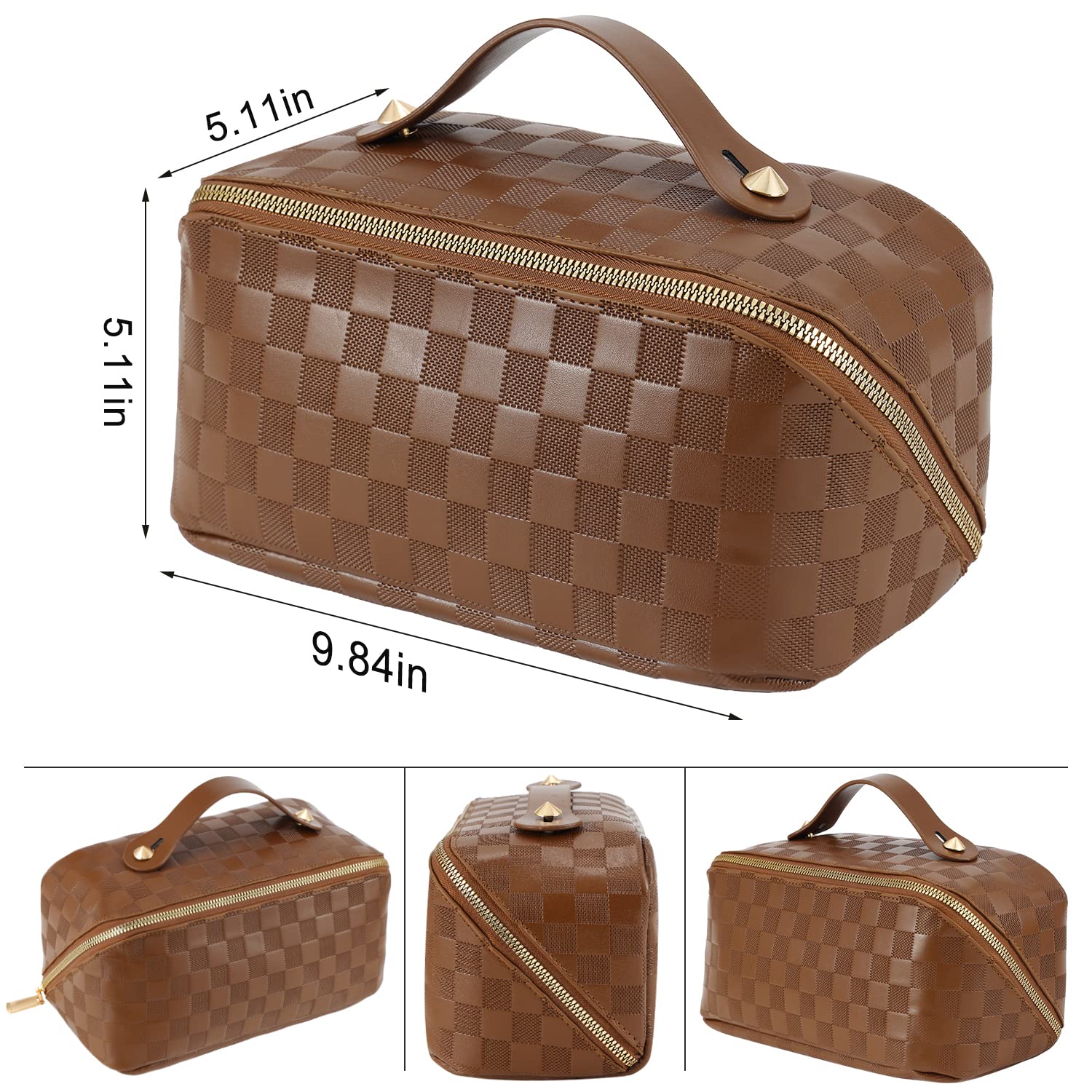 ALEXTINA Large Capacity Travel Cosmetic Bag - Portable Women Waterproof PU Leather Checkered Makeup Organizer with Dividers and