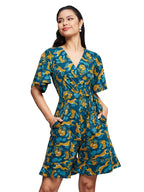 Miss Chase WomenS V-Neck Half Sleeve Animal Patterned Wrap Styled Pure Cotton Knee Long Playsuit With Pockets (Mcss24D19-12-306