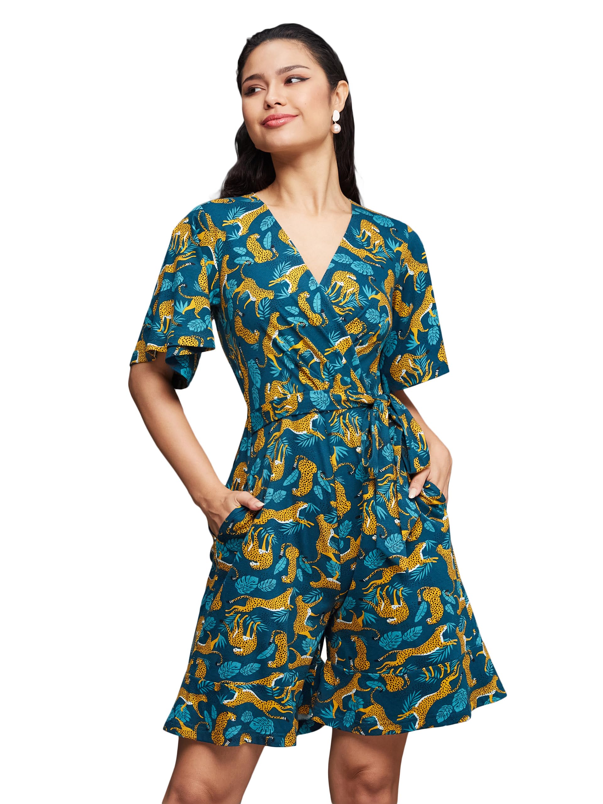 Miss Chase Womens V-Neck Half Sleeve Wrap Styled Pure Cotton Knee Long Playsuit (MCSS25D93-16-306-03, Multicolored Base Teal, S